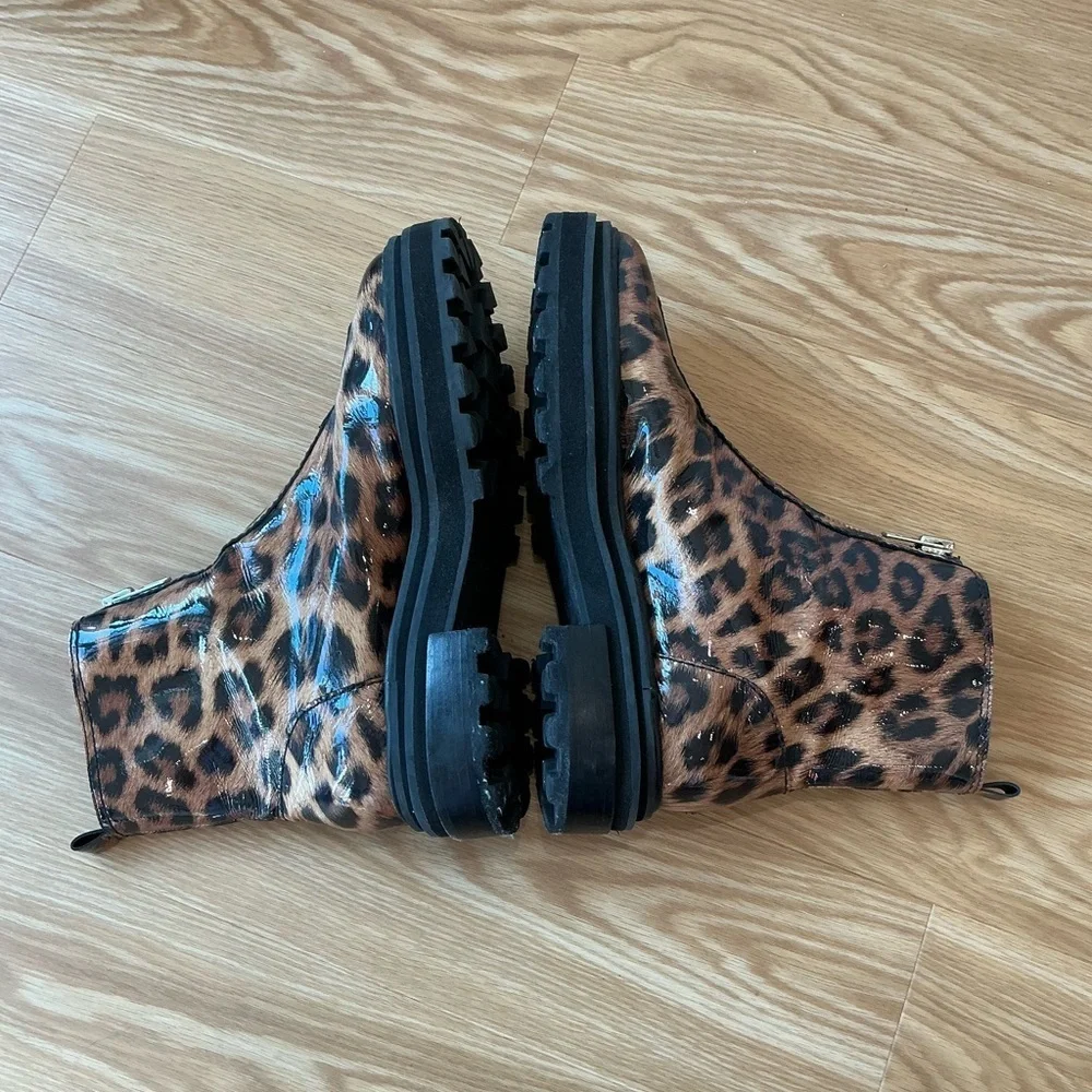 SCHUTZ Maryele Leopard Patent Print Combat Boots Size 9.5B